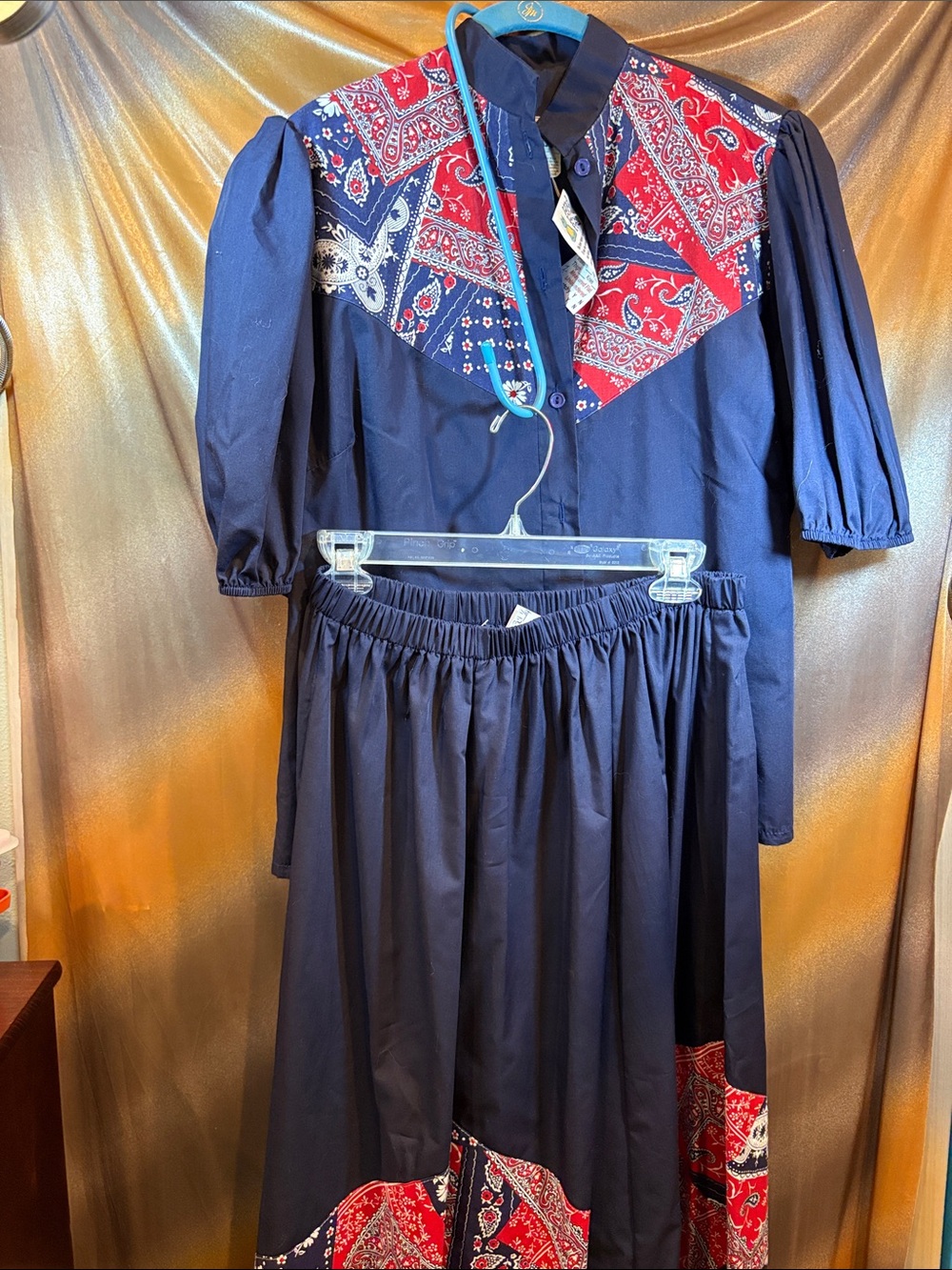 Vintage western Navy Two-Piece Dress Set with Red Bandana Yoke. 222 square dance